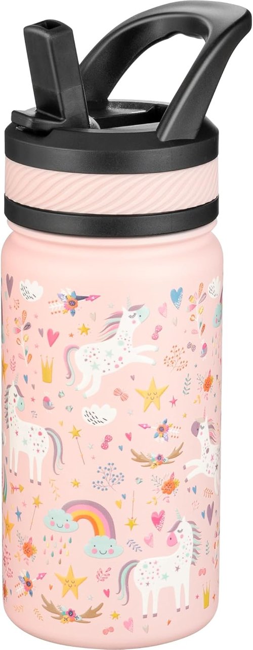 Fanhaw Kids Insulated Water Bottle - 14 Oz Stainless Steel, Leakproof & BPA Free | Pink Unicorn Fields