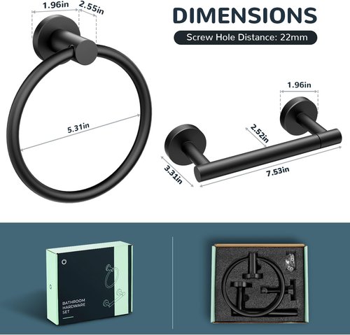 FORIOUS Toilet Paper Holder Set - SUS304 Stainless Steel Double Post & Hand Towel Ring | Matte Black Finish