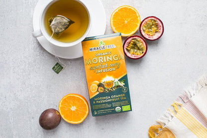 Miracle Tree's Moringa Energy Tea - Orange & Passionfruit | Super Caffeinated Blend | Healthy Coffee Alternative, Perfect for Focus | Organic Certified & Non-GMO | 3 X 16 Pyramid Sachets