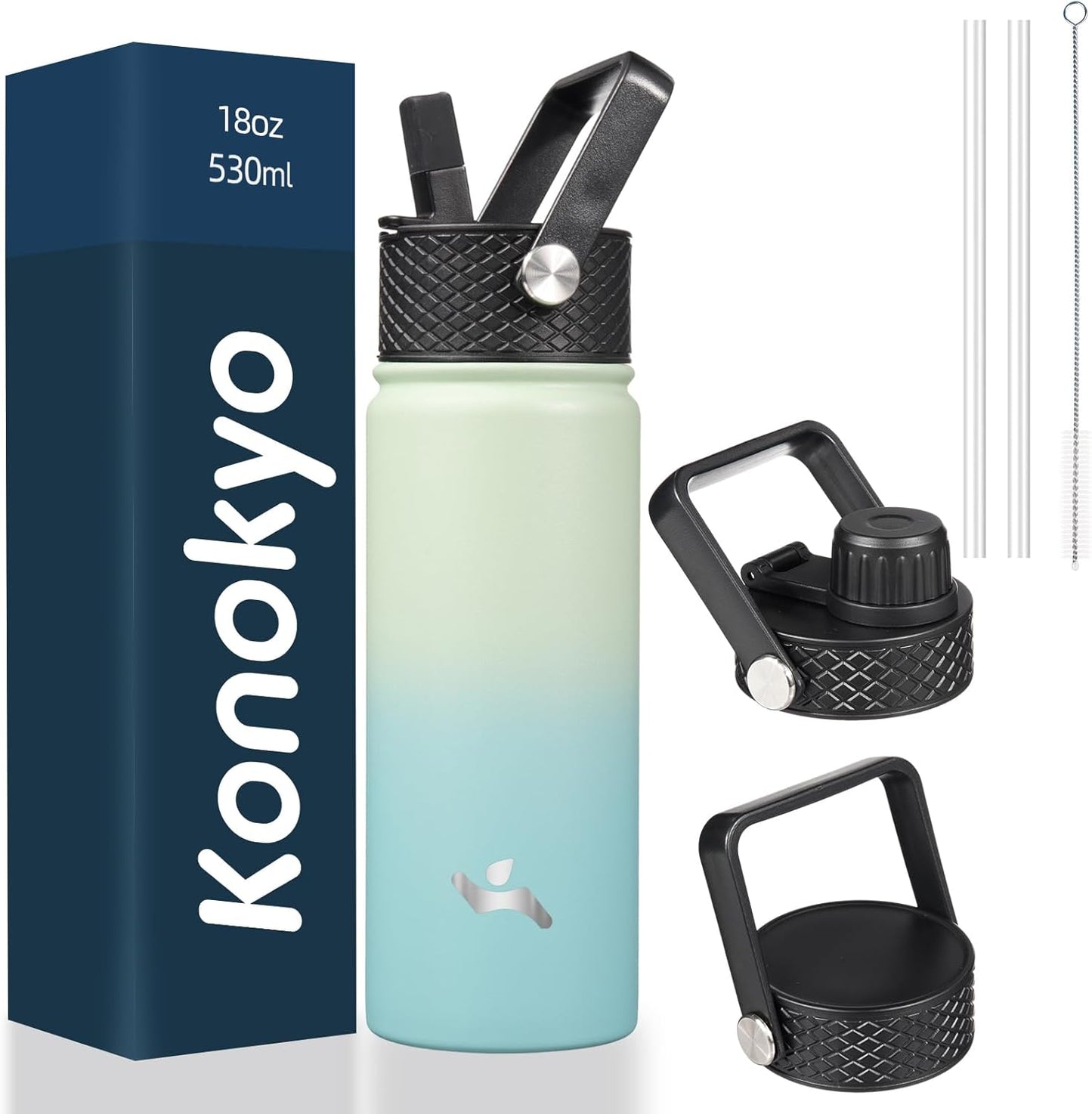 Skiennix 18 oz Insulated Stainless Steel Water Bottle - Sport Design with 3 Lids | Mint Color
