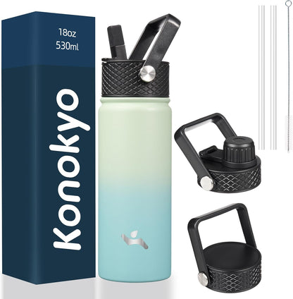 Skiennix 18 oz Insulated Stainless Steel Water Bottle - Sport Design with 3 Lids | Mint Color
