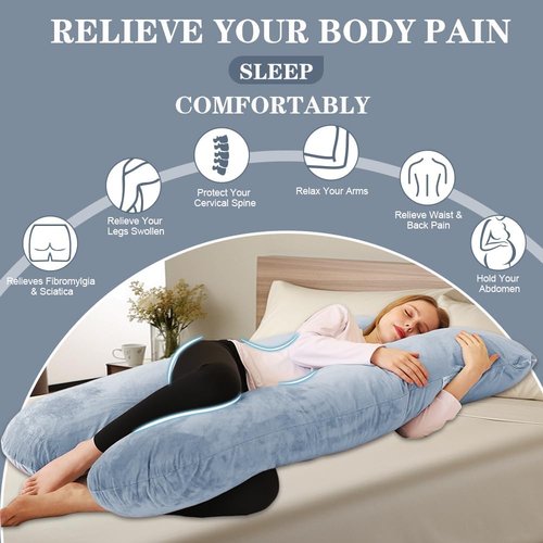 Chilling Home U-Shaped Pregnancy Pillow - Velvet Removable Cover - 55-Inch Full Support Body Pillow - Grey