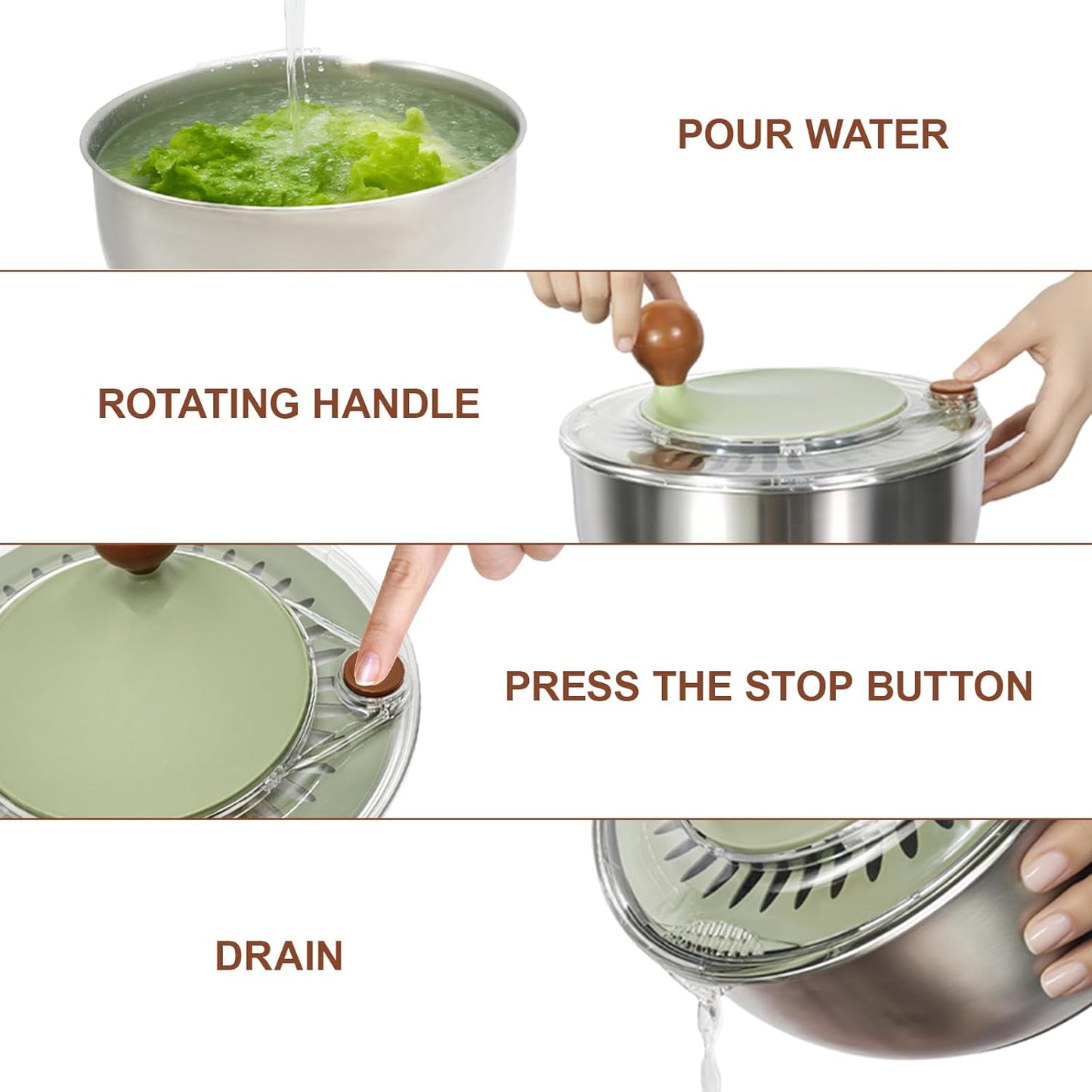 Skiennix 5.3Qt Stainless Steel Salad Spinner - Non-Slip Base, Dishwasher Safe, Easy Drain Design