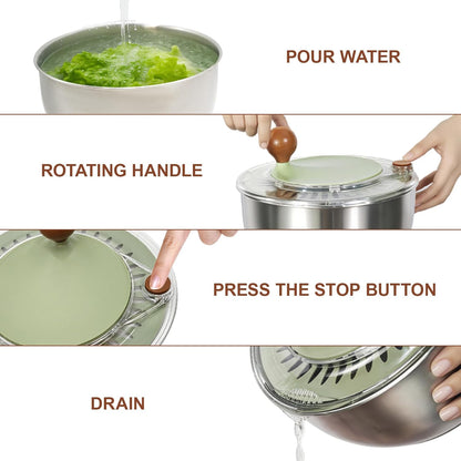 Skiennix 5.3Qt Stainless Steel Salad Spinner - Non-Slip Base, Dishwasher Safe, Easy Drain Design