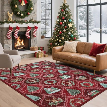 Christmas Rug Red 5x7 Area Rug for Living Room Vintage Holiday Carpet - GarveeHome