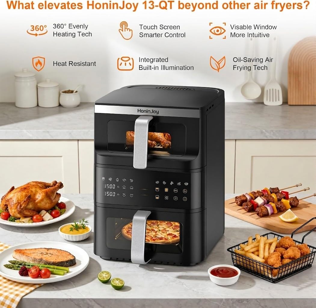 Skiennix 13QT Dual-Basket Air Fryer - Compact Vertical Design with Viewing Window & 10-in-1 Presets