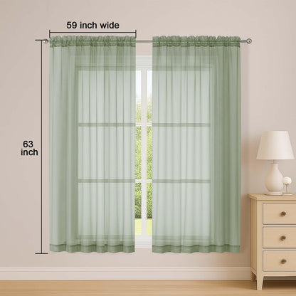 OWENIE Sheer Sage Green Curtains, Sheer Curtains 63 inch Length 2 Panels Set, Rod Pocket Voile Fimly Sheer Drapes for Living Room Bedroom, 2pcs, Sage Green, Each 59" W x 63" L