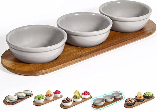 Artena Ceramic Chip and Dip Serving Set - 12 oz with Acacia Tray & 5-inch Grey Bowls for Appetizers