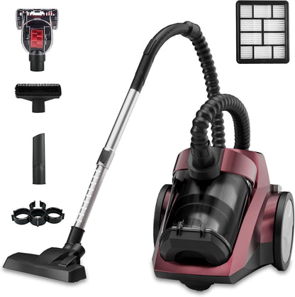 Skiennix Canister Vacuum Cleaner - 1600W Bagless Design with 45Kpa Suction Power | 4Qt Dust Cup, 5 Tools, Lightweight for Home & Pets - Red