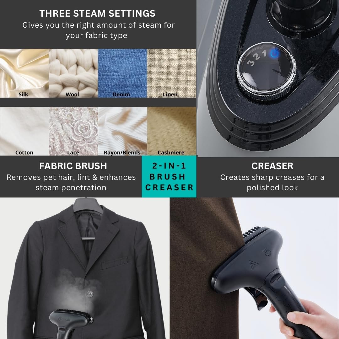 True & Tidy Heavy Duty Commercial Full Size Standing Garment Steamer for Clothes with Extra Large 3L (101 oz) Water Tank for 90+ mins of Steam Time, 1800 watts of Powerful Steam, 3 Settings, Gray