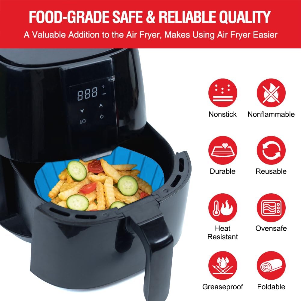 Skiennix Air Fryer Silicone Liners - Non-Stick Reusable Pot Basket for 2 to 3 QT | 2 Pack Square Inserts