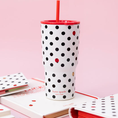 Kate Spade New York 20 Ounce Insulated Tumbler for Cold and Hot Drinks with Reusable Straw, Stainless Steel Travel Cup with Slide Top Lid, Ladybug Dot