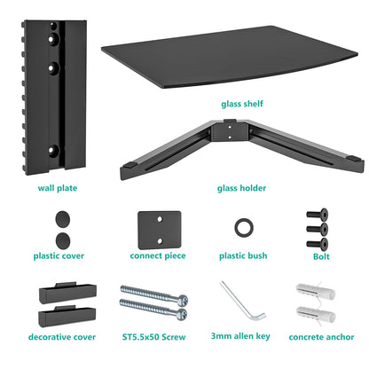 WALI Floating TV Shelf, 1 Tier Glass Projector Shelf for DVD Players, Routers, Game Consoles, Cable Boxes, Living Room Decor, Wall Mount Shelves Hold Up to 17.6lbs (CS201B), 1-Shelf, Black