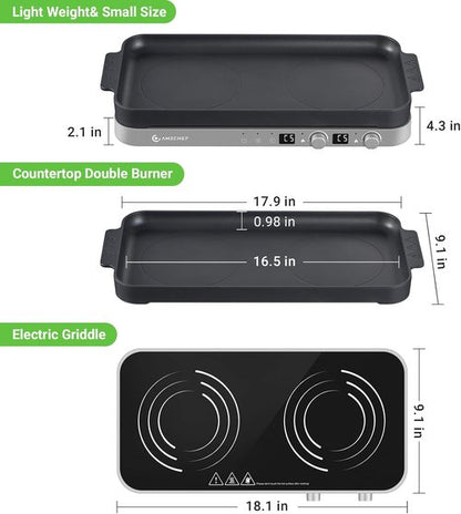 AMZCHEF Double Induction Cooktop - 1800W Portable Stove with Removable Griddle Pan | Iron Grey, 9 Power Levels