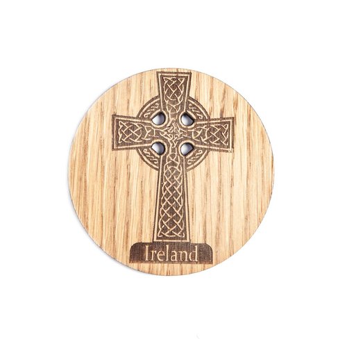 Biddy Murphy Irish Gifts, Oak Drink Coasters Set of 4 with Stand, Etched Designs Include Shamrock, Harp, Celtic Cross, Ireland, Imported, 3.75" Inch Round