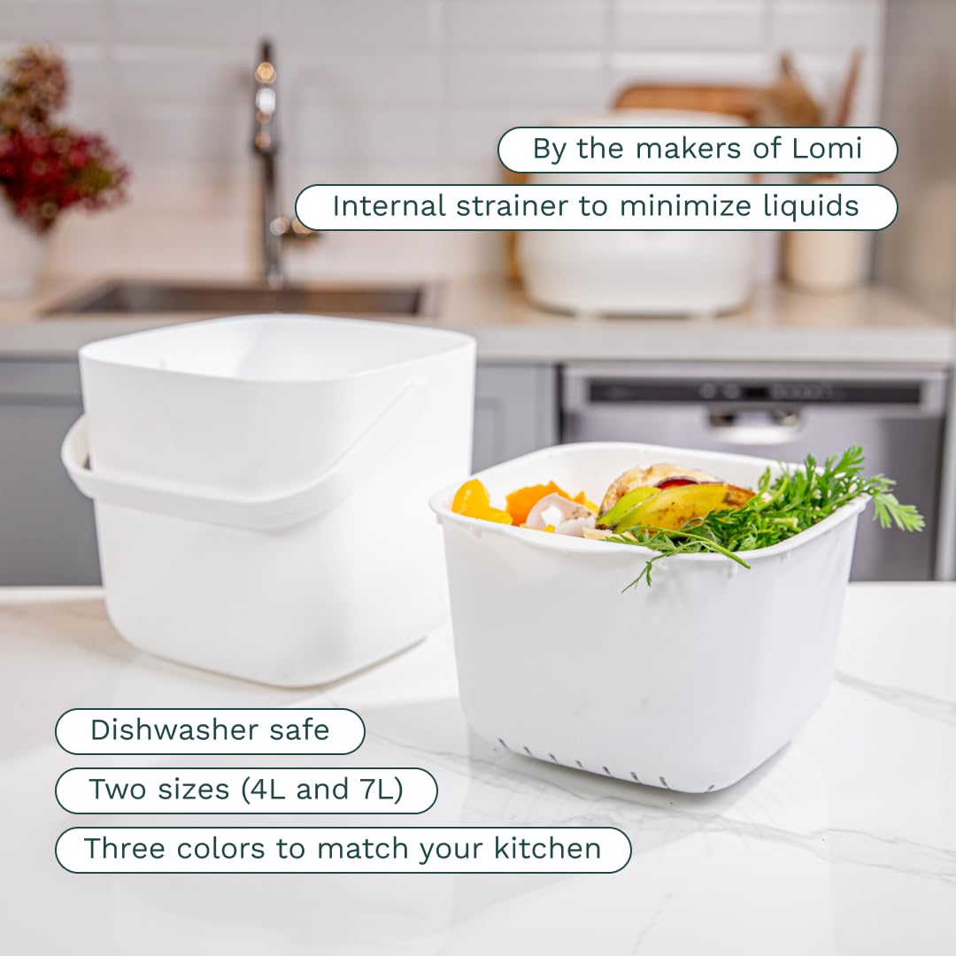 Lomi Compost Bin | Kitchen Countertop | Odorless | Easy Clean (White, 7L / 1.8 GAL)