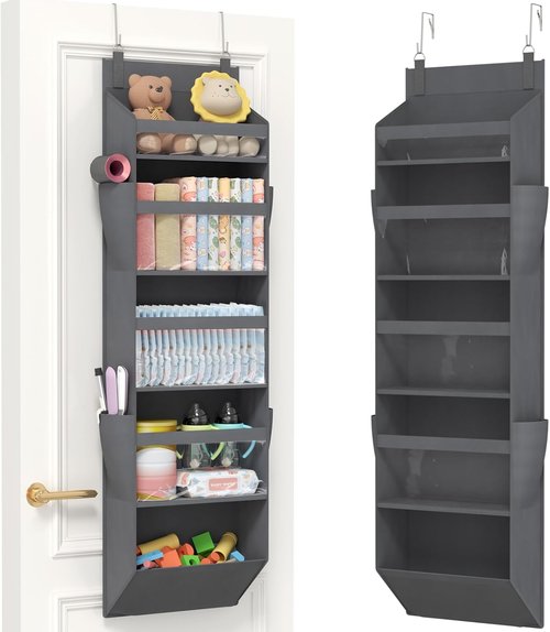 Lifewit Over The Door Organizer - Clear Window Hanging Storage with 4 Side Pockets | 40 lbs Load Capacity, Gray