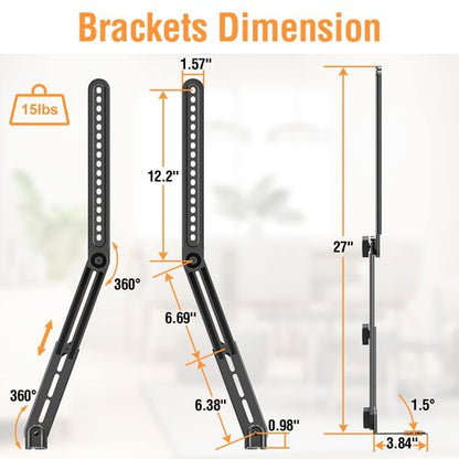 ELIVED Soundbar Mount, Sound Bar TV Bracket, for Mounting Above or Under TV, Fits Most Sound Bars Up to 15 Lbs, Tool-Free Knob Adjustable, for 23-90" tvs with Detachable Extension Arms and L-Brackets