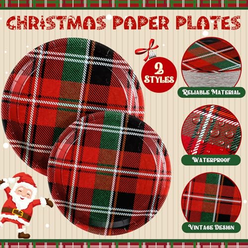Domensi Plaid Christmas Party Supplies Set for 50 Guests - Paper Plates, Cups & Napkins