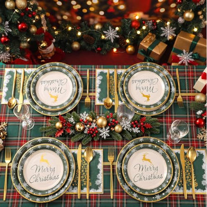 Christmas Paper Plates and Napkins Set - Green Holiday Tableware for 50 Guests