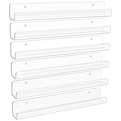 upsimples 6 Pack Clear Acrylic Shelves, 1.7" x12" Clear Wall Shelves for Nail Polish, Vinyl Wall Mount, Record Holder, Magazine Rack, Comic Display, Picture Ledge Shelf Décor