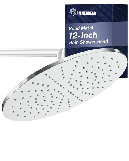 HammerHead Showers® Solid Metal 12 Inch Rainfall Shower Head, Large Rain Shower Head, 2.5 GPM High Flow Shower Head Optimized for Pressure, Wall-Mounted or Ceiling Rain Shower Head, Chrome