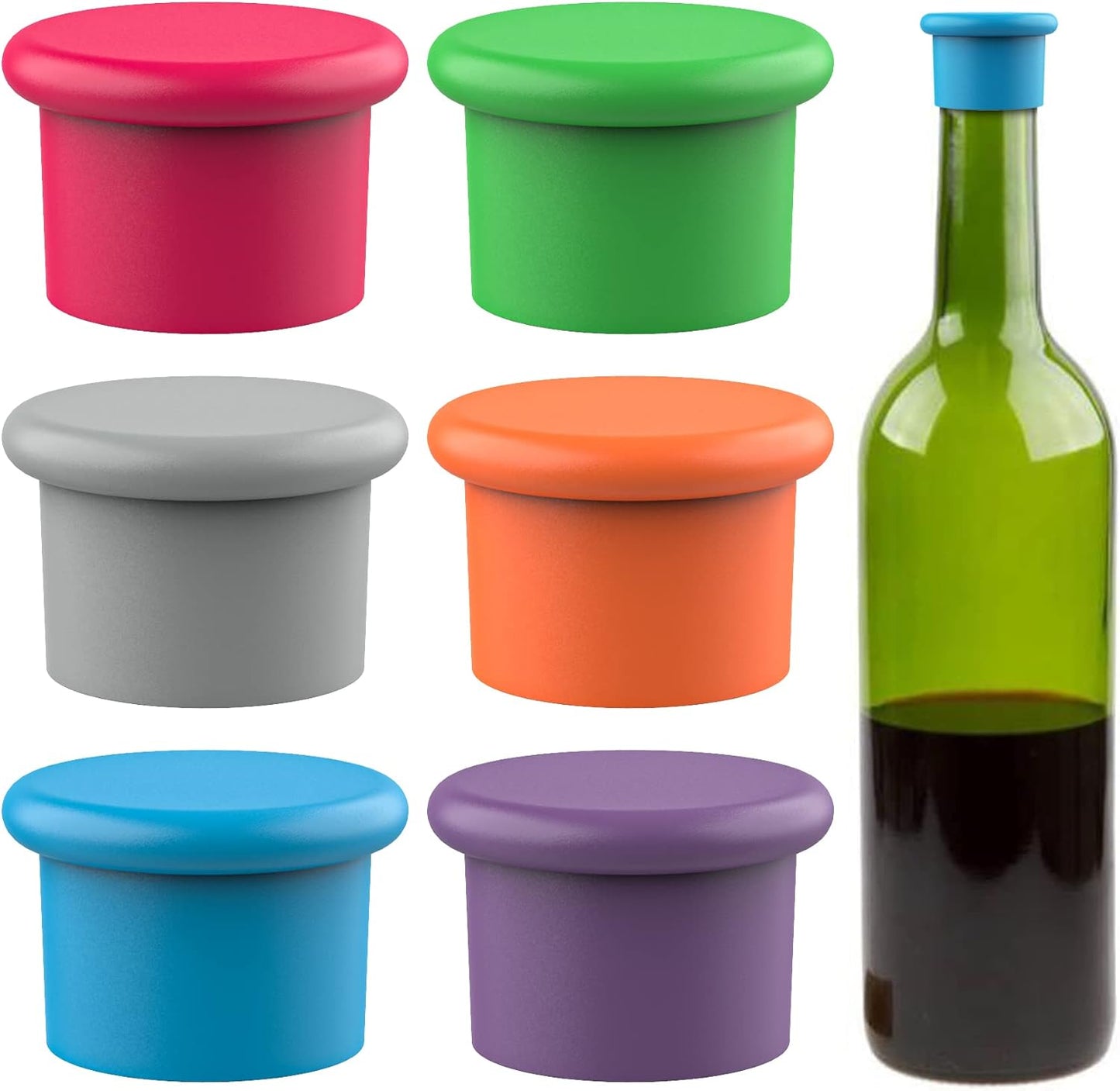 Silicone Wine Stoppers – Replace a cork – Airtight seal on Wine Bottles – Reusable Beer Bottle Cover – Wine Bottle Stopper – Wine Saver – Wine Gifts – Easy to clean! (6 Pack, Assorted)