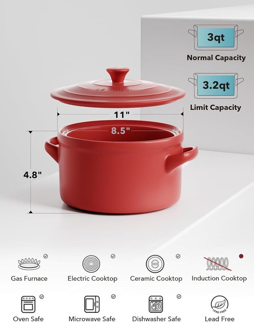 LE TAUCI 3 Quart Ceramic Dutch Oven - Lightweight & Non-Toxic | Oven, Microwave & Dishwasher Safe - Chili Red