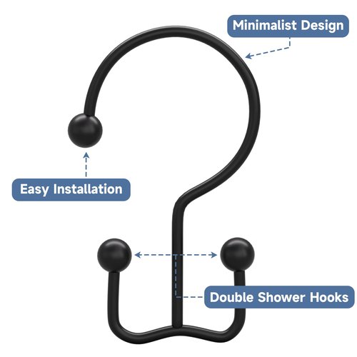 Titanker Shower Curtain Hooks Black, Minimalist Simple Double Glide Shower Curtain Rings, Rust Proof Metal Shower Hooks Rings for Bathroom Shower Rods Curtains, Set of 12 Hooks