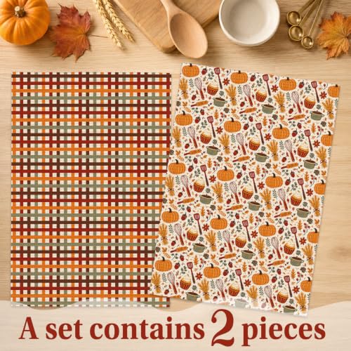 Fall Baking Kitchen Towels Set of 2 - Pumpkin Plaid Dish Towels - Pumpkin Baking Variation