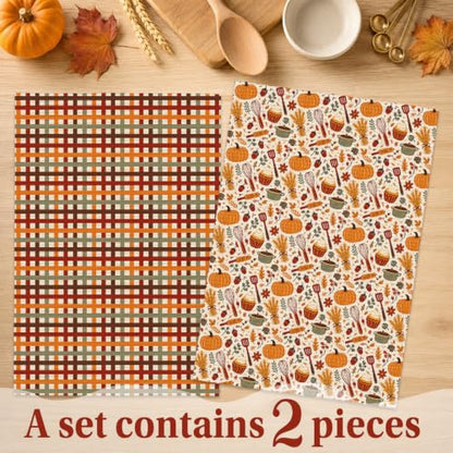 Fall Baking Kitchen Towels Set of 2 - Pumpkin Plaid Dish Towels - Pumpkin Baking Variation