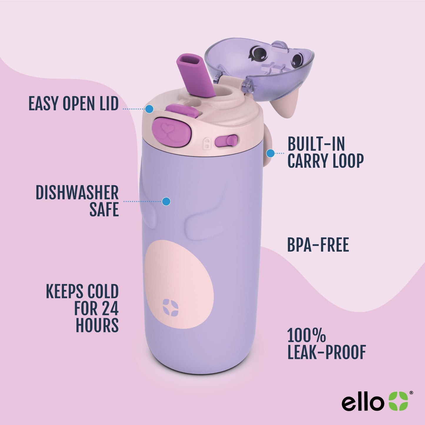 Ello Ellies 12oz Vacuum Insulated Stainless Steel Kids Water Bottle with Straw and Built-in Carrying Handle and Leak-Proof Locking Lid for School Backpack, Lunchbox and Outdoor Sports, Cat