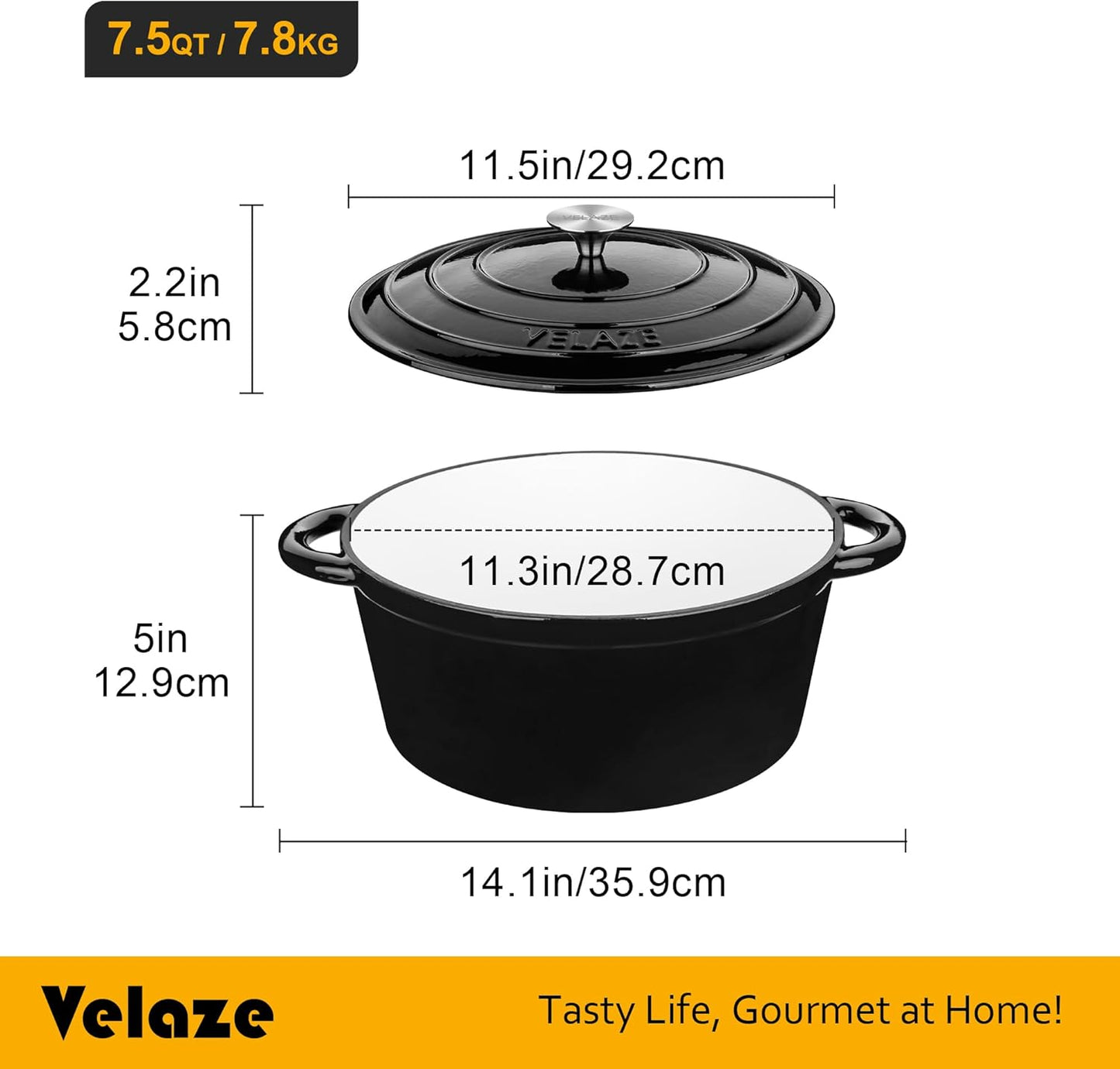 Velaze 7.5 QT Dutch Oven - Enameled Cast Iron Pot with Dual Handles for Sourdough Baking | Black