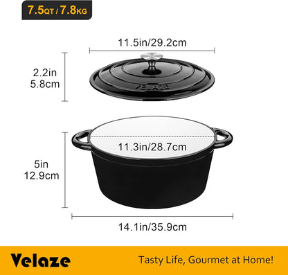 Velaze 7.5 QT Dutch Oven - Enameled Cast Iron Pot with Dual Handles for Sourdough Baking | Black