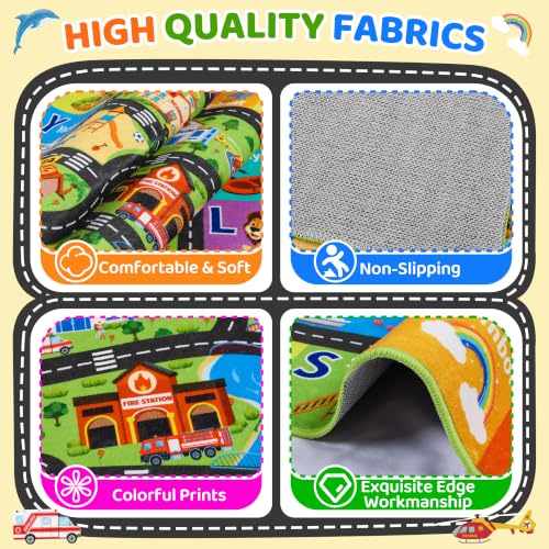 Kids Play Rug 3x5 ft Non-Slip Car Road Play Mat - Washable Soft Road Carpet for Kids Room, Playroom, Classroom, Car Rug 1, 3 x 5 Feet
