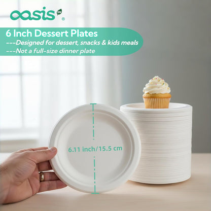 Skiennix Compostable Paper Plates - Heavy Duty 6 Inch Dessert Plates | 128 Pack, Eco-Friendly & Biodegradable