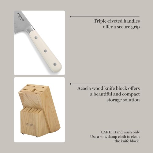 Martha Stewart 14-Piece High Carbon Stainless Steel Cutlery Set - Forged Handles & Acacia Block | Linen White