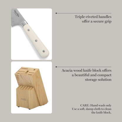 Martha Stewart 14-Piece High Carbon Stainless Steel Cutlery Set - Forged Handles & Acacia Block | Linen White