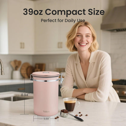 Veken Coffee Canister - 39oz Airtight Stainless Steel Storage for 2.2lbs Coffee, Sugar, Tea | Pink with Date Tracker & Scoop
