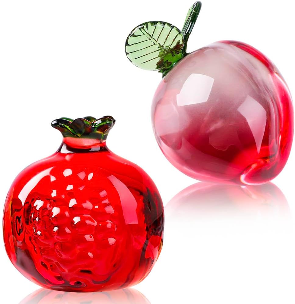 Skiennix Crystal Fruit Collectibles - Set of 2 Peach & Pomegranate Figurines | Mini Glass Decor for Home & Office