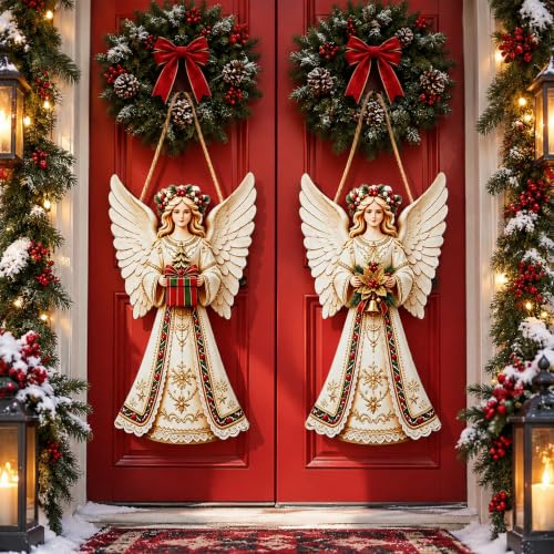 2Pcs Christmas Wooden Angel Door Sign - Foldable Holiday Hanging Decor - Angel Variation