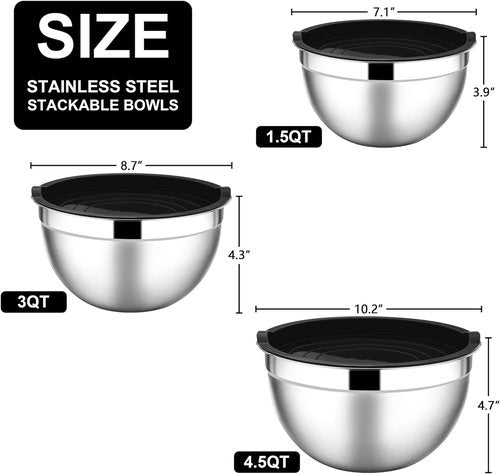 E-far Stainless Steel Mixing Bowls - 6-Piece Set with Airtight Lids & Stackable Design | 4.5, 3, 1.5 QT (Black)
