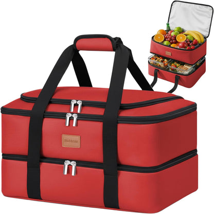 Skiennix Insulated Casserole Carrier - Double Decker Thermal Bag for Hot or Cold Food | Portable & Leakproof (Red)