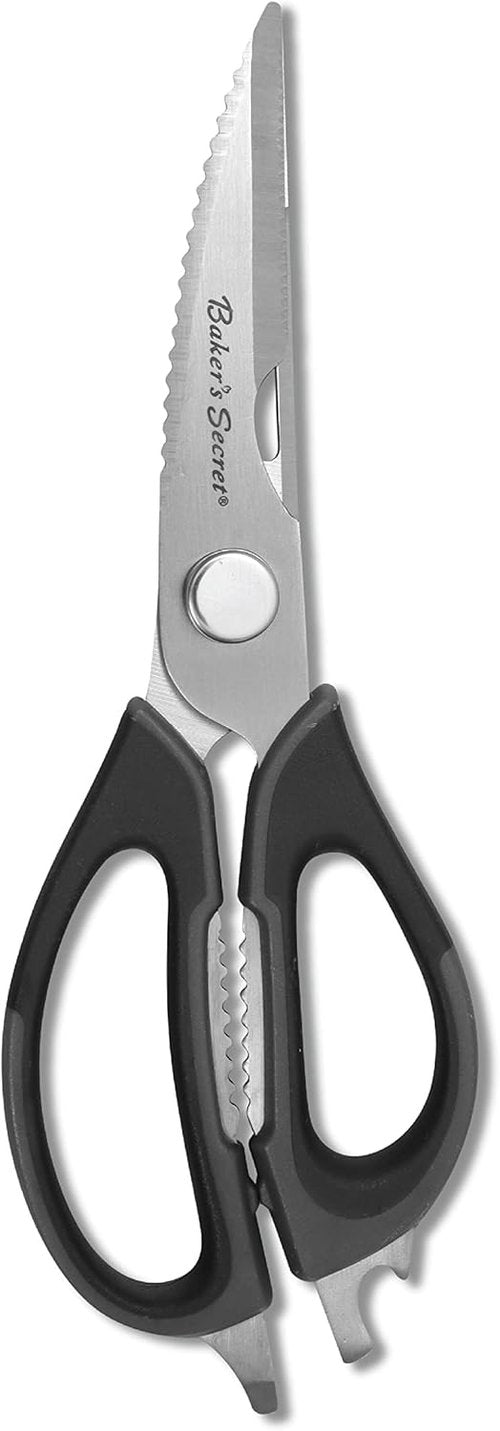 Baker's Secret Kitchen Scissors - 8.5" Stainless Steel with Nut Cracker & Bottle Opener | Black Handle