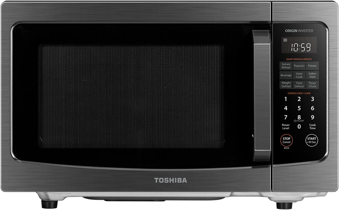 TOSHIBA Microwave Oven - Flatbed Design with Inverter Technology & Smart Sensor - 1.3 Cu.Ft., Black Stainless Steel
