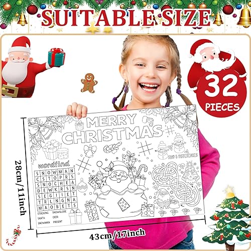 Christmas Coloring Placemats Set of 32 - Holiday Table Mats for Kids and Parties