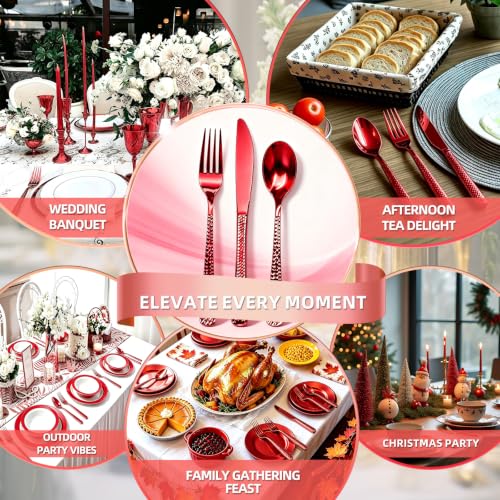 Red Plastic Silverware Set - 300 Count for 100 Guests, Festive Disposable Cutlery with Hammered Design - Variation of 300 Count Red Set