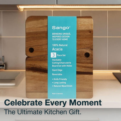 Sango Acacia Cutting Board Set - 3-Piece Slant Edge & Hanging Holes, Stackable & Reversible, Non-Toxic