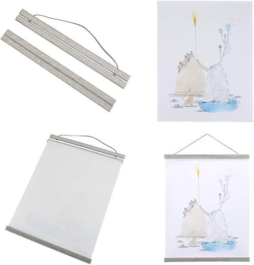 Benjia Magnetic Poster Hanger - Wood Frame for 17x24, 17x11, 17x22 Posters | Grey Hanging Kit for Artwork