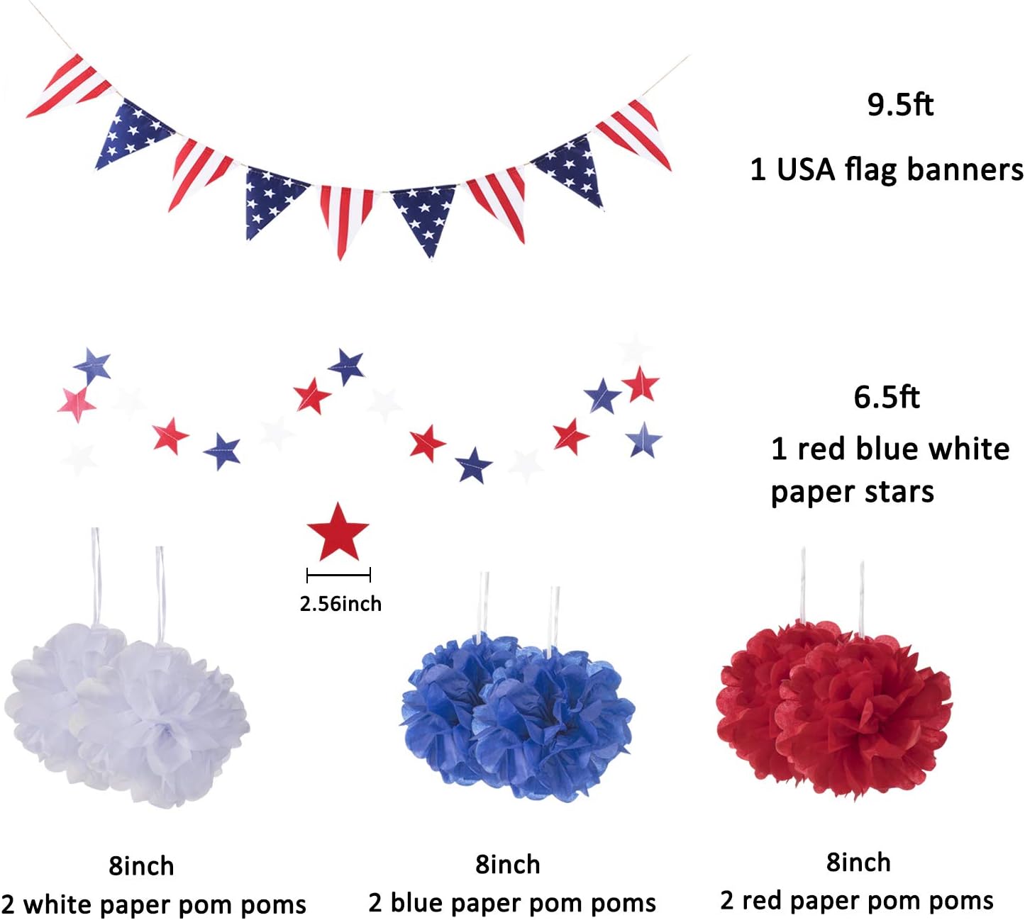 Whaline 4th of July Party Decorations Set - 14Pcs Patriotic Red, White & Blue USA Flag Banners & Pom Poms